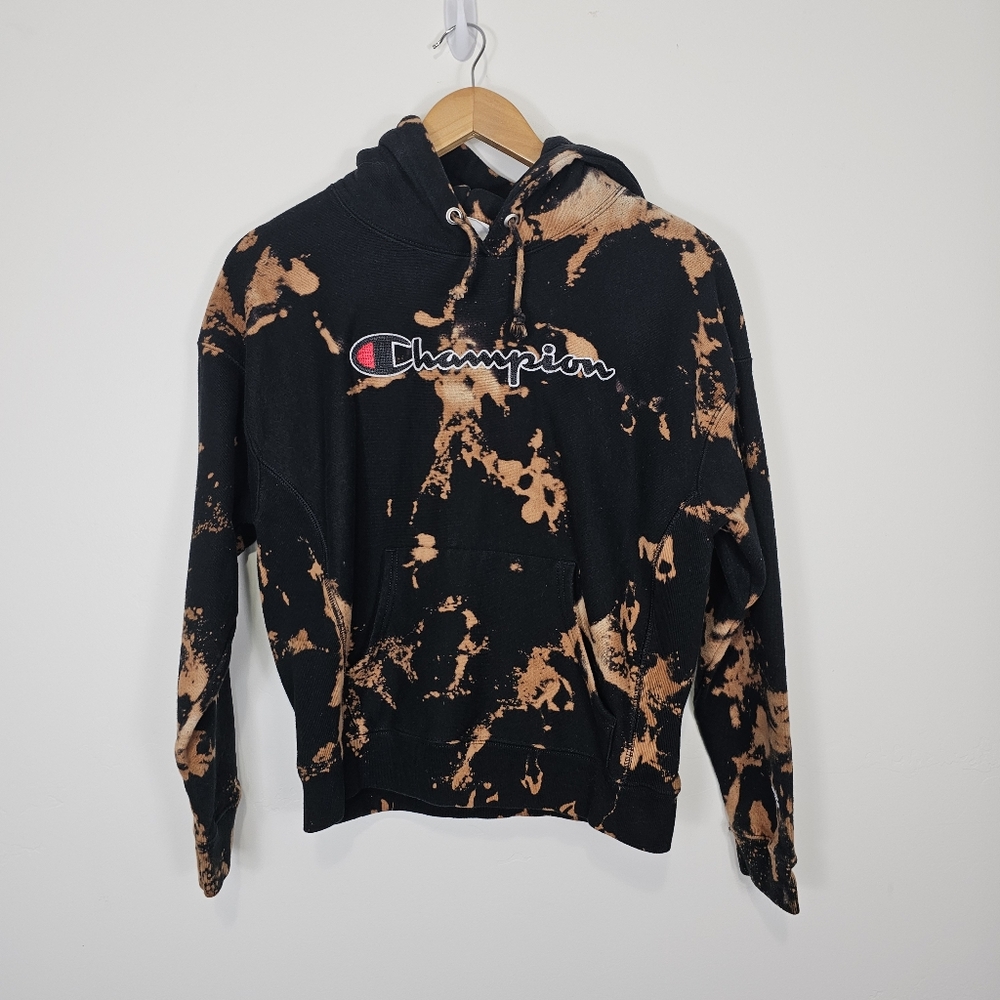Champion Reverse Weave Black Reverse Tie Dye Spellout Logo Hoodie Sweatshirt